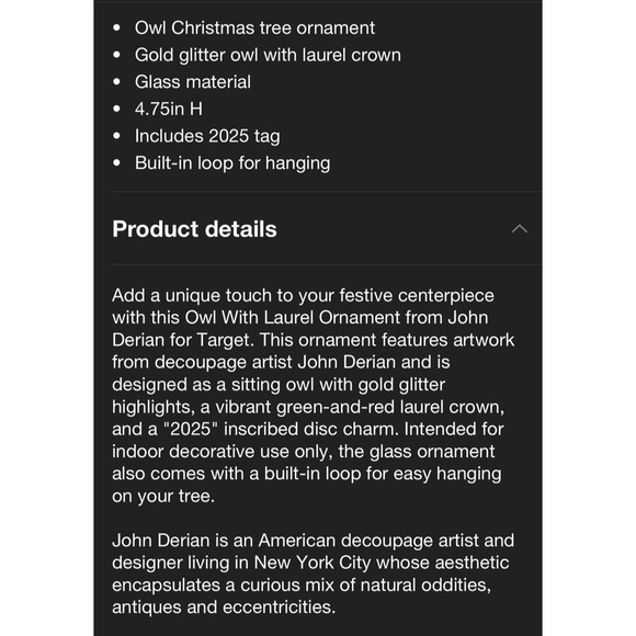 John Derian for Target 2025 Glass Owl Ornament Holiday NIB Laurel Crown‎ - Picture 6 of 9